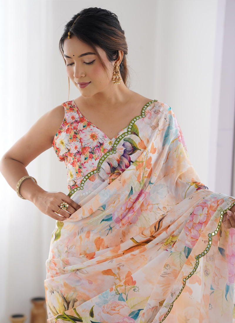 Off White Chinon Silk Print Work With Mirror Work Border Designer Saree