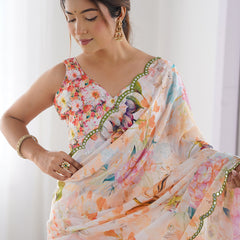 Off White Chinon Silk Print Work With Mirror Work Border Designer Saree