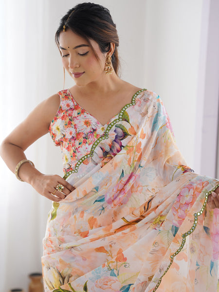Off White Chinon Silk Print Work With Mirror Work Border Designer Saree
