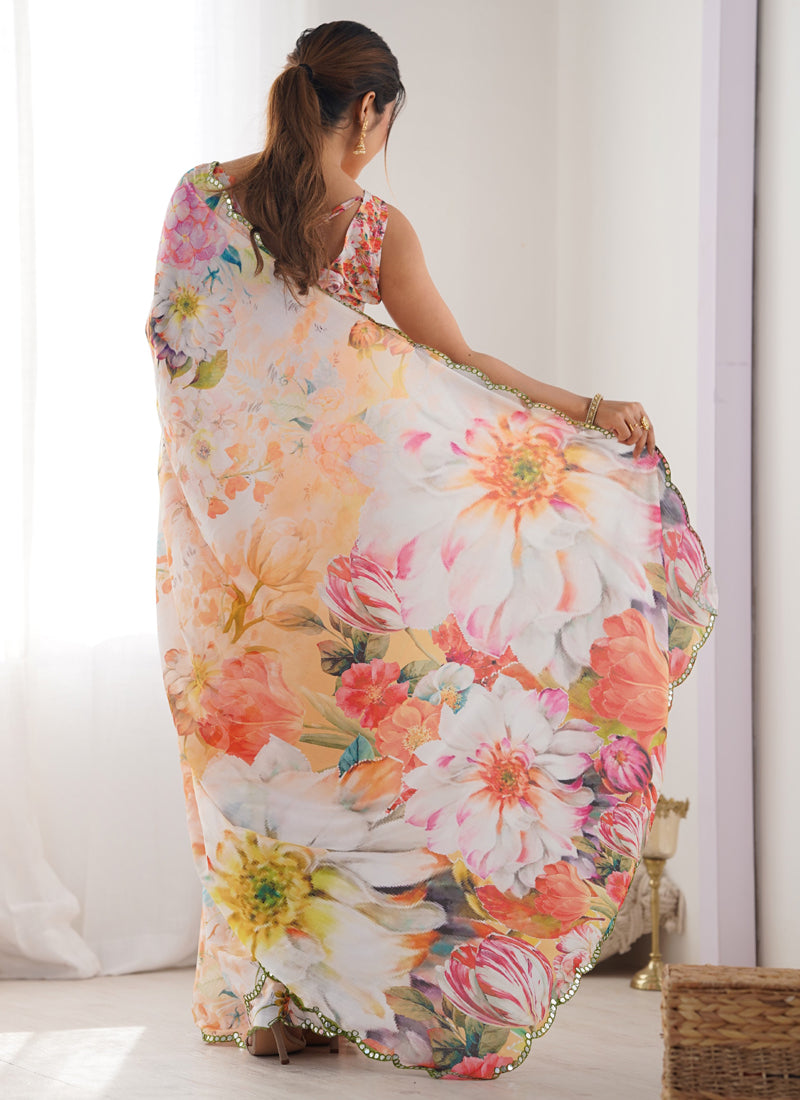 Off White Chinon Silk Print Work With Mirror Work Border Designer Saree