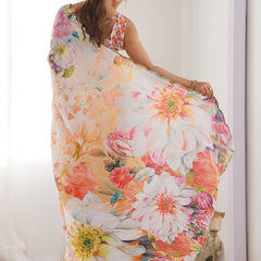 Off White Chinon Silk Print Work With Mirror Work Border Designer Saree