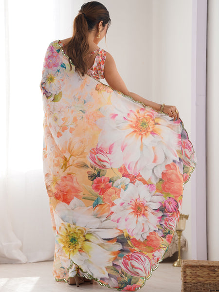 Off White Chinon Silk Print Work With Mirror Work Border Designer Saree