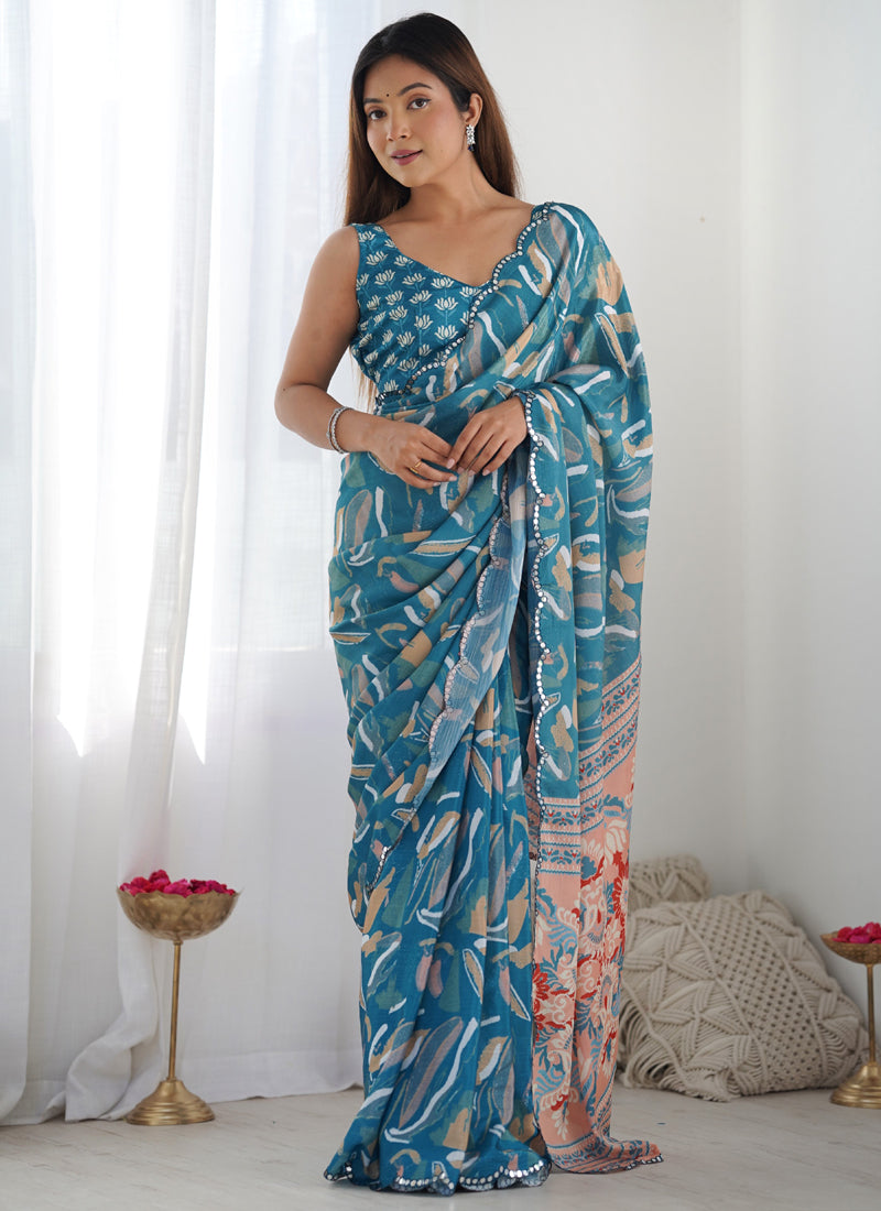 Rama Chinon Silk Print Work With Mirror Work Border Designer Saree