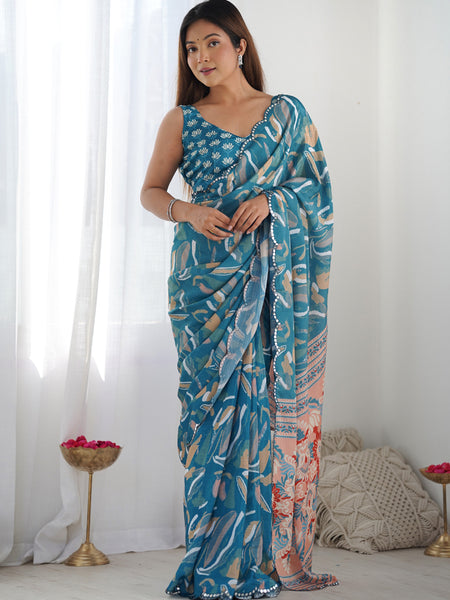 Rama Chinon Silk Print Work With Mirror Work Border Designer Saree