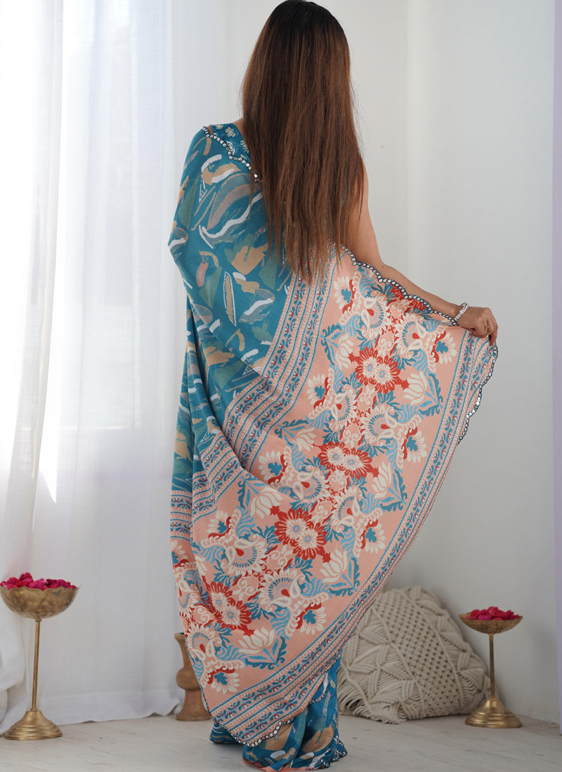 Rama Chinon Silk Print Work With Mirror Work Border Designer Saree