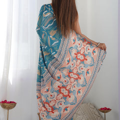 Rama Chinon Silk Print Work With Mirror Work Border Designer Saree
