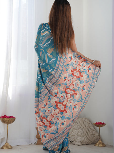 Rama Chinon Silk Print Work With Mirror Work Border Designer Saree