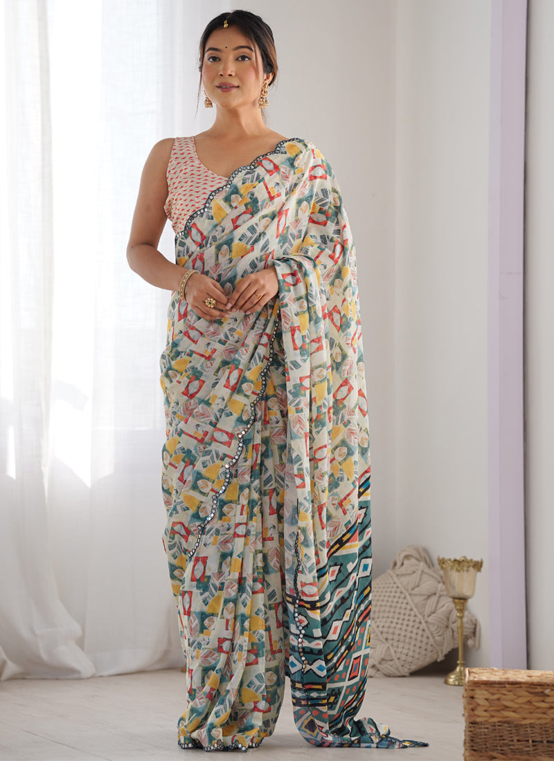 Off White Chinon Silk Print Work With Mirror Work Border Designer Saree
