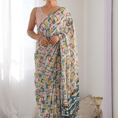 Off White Chinon Silk Print Work With Mirror Work Border Designer Saree