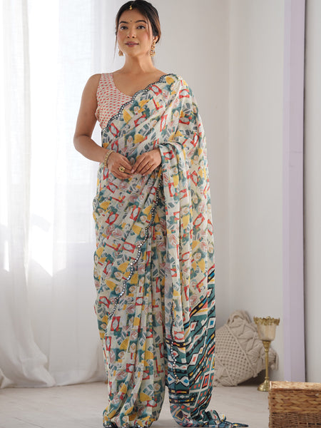 Off White Chinon Silk Print Work With Mirror Work Border Designer Saree