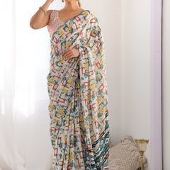 Off White Chinon Silk Print Work With Mirror Work Border Designer Saree