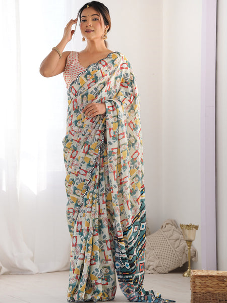 Off White Chinon Silk Print Work With Mirror Work Border Designer Saree