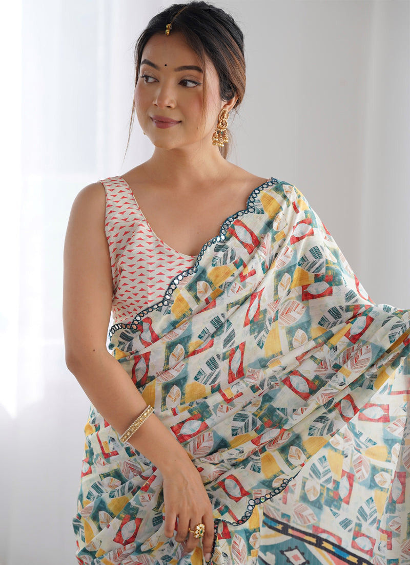 Off White Chinon Silk Print Work With Mirror Work Border Designer Saree