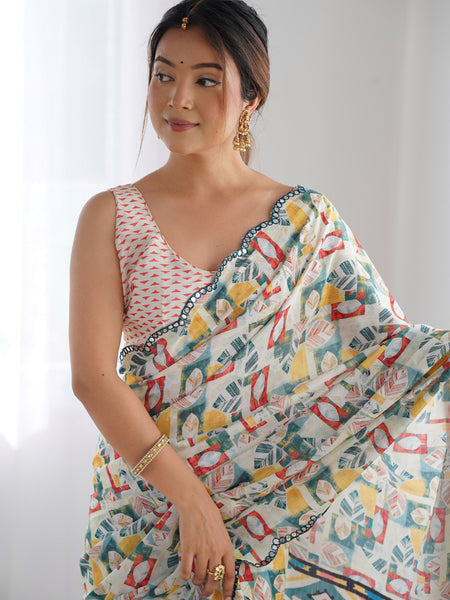 Off White Chinon Silk Print Work With Mirror Work Border Designer Saree