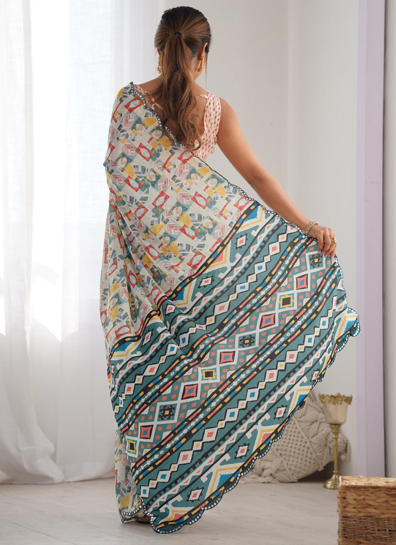 Off White Chinon Silk Print Work With Mirror Work Border Designer Saree