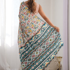 Off White Chinon Silk Print Work With Mirror Work Border Designer Saree