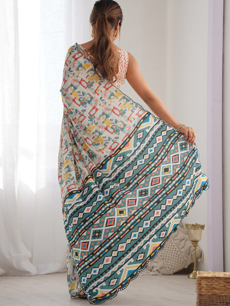 Off White Chinon Silk Print Work With Mirror Work Border Designer Saree