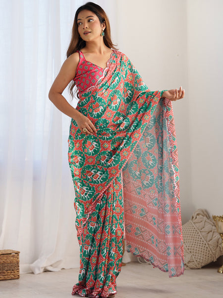 Multi Color Chinon Silk Print Work With Mirror Work Border Designer Saree