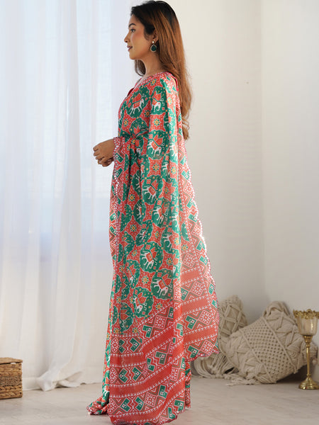Multi Color Chinon Silk Print Work With Mirror Work Border Designer Saree