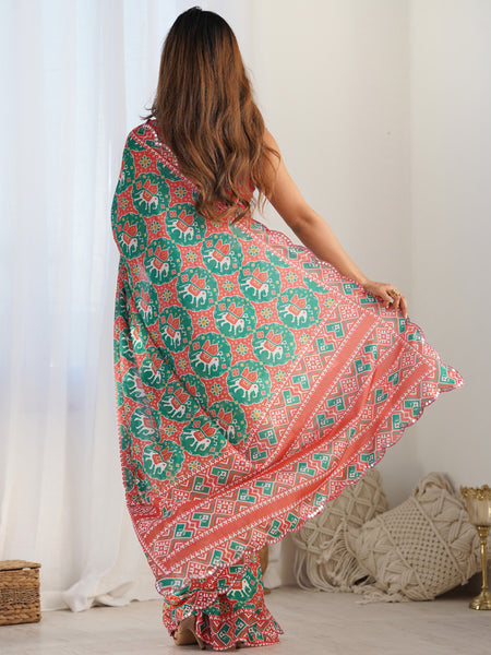 Multi Color Chinon Silk Print Work With Mirror Work Border Designer Saree