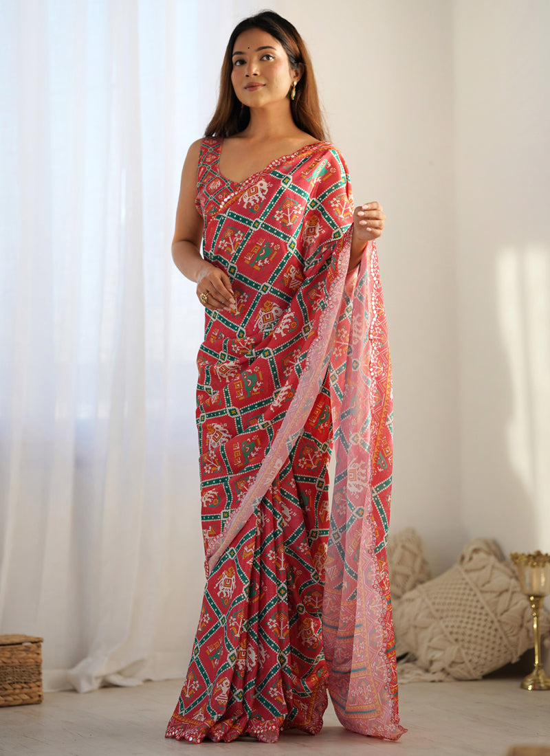 Red Chinon Silk Print Work With Mirror Work Border Designer Saree