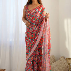 Red Chinon Silk Print Work With Mirror Work Border Designer Saree