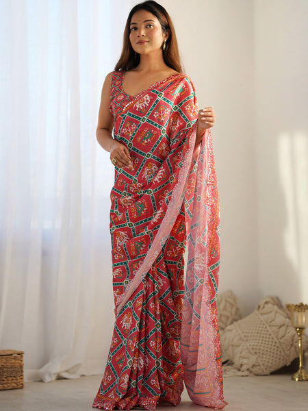 Red Chinon Silk Print Work With Mirror Work Border Designer Saree