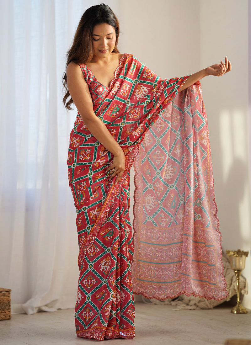 Red Chinon Silk Print Work With Mirror Work Border Designer Saree