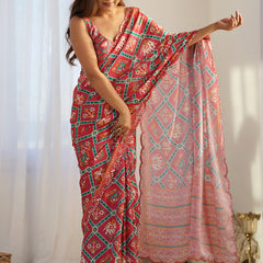 Red Chinon Silk Print Work With Mirror Work Border Designer Saree