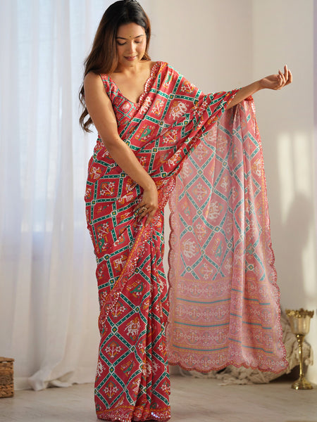 Red Chinon Silk Print Work With Mirror Work Border Designer Saree