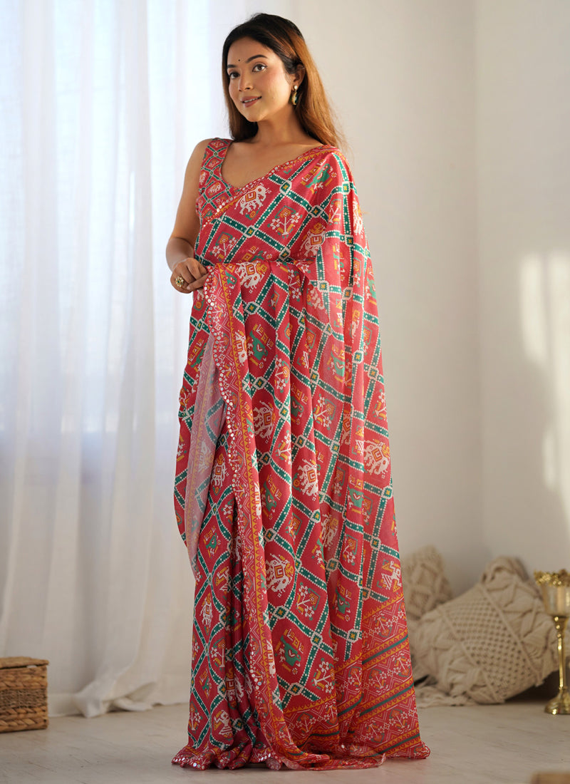 Red Chinon Silk Print Work With Mirror Work Border Designer Saree