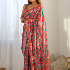 Red Chinon Silk Print Work With Mirror Work Border Designer Saree