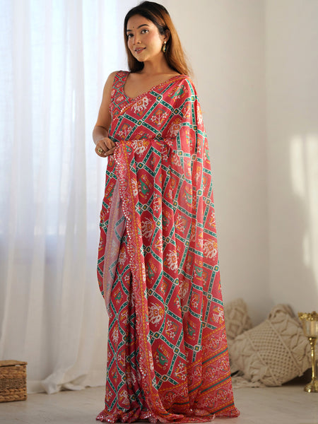 Red Chinon Silk Print Work With Mirror Work Border Designer Saree
