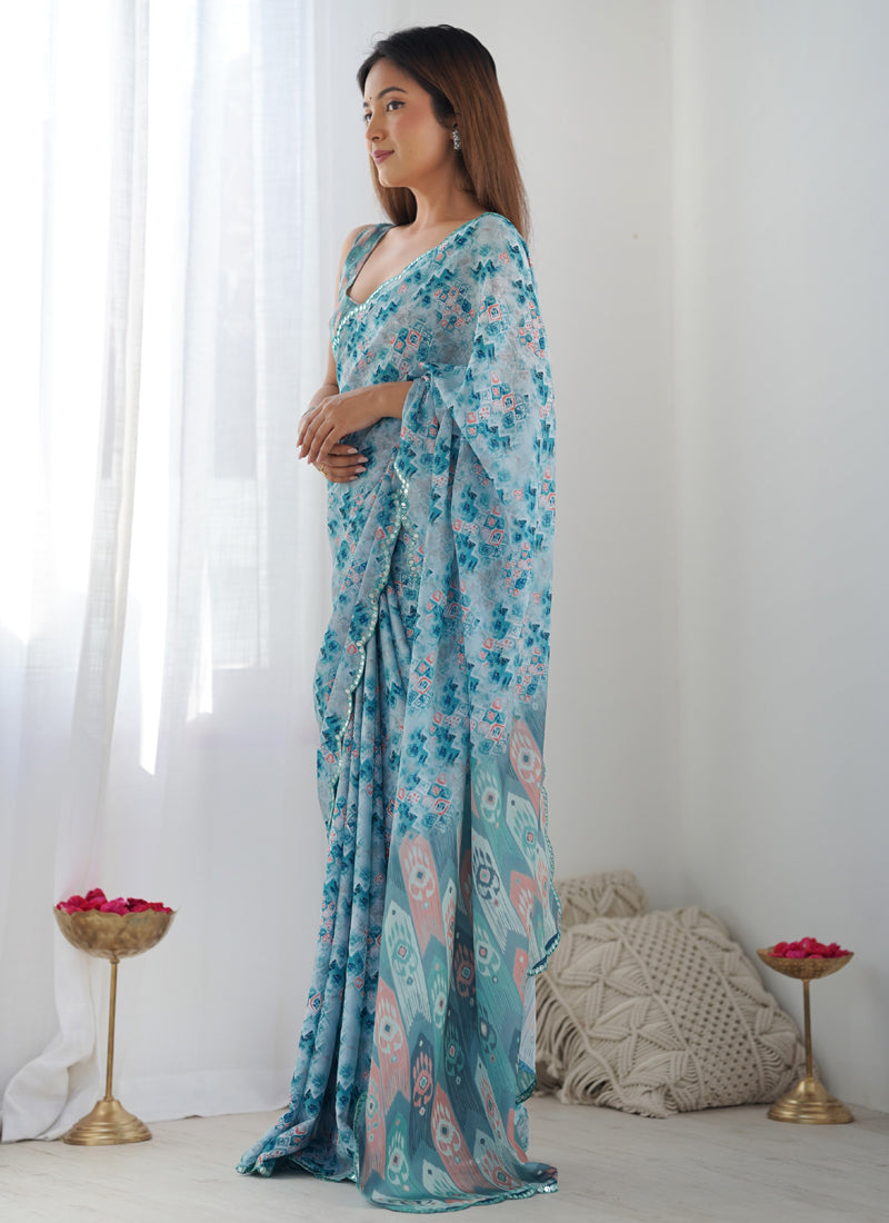Sky Blue Chinon Silk Print Work With Mirror Work Border Designer Saree