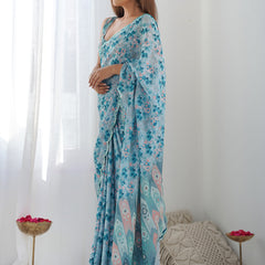 Sky Blue Chinon Silk Print Work With Mirror Work Border Designer Saree