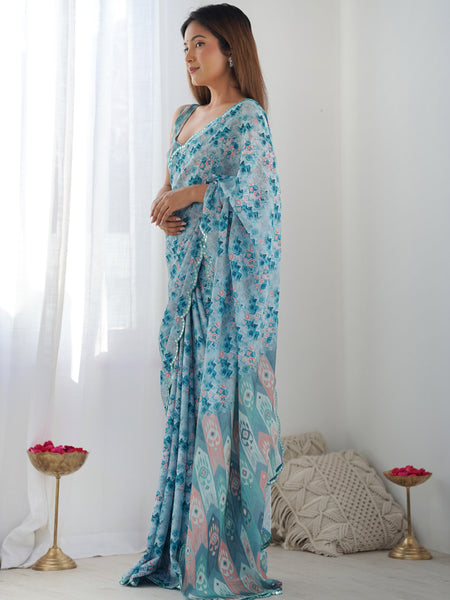 Sky Blue Chinon Silk Print Work With Mirror Work Border Designer Saree