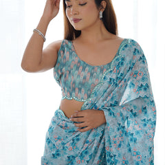 Sky Blue Chinon Silk Print Work With Mirror Work Border Designer Saree
