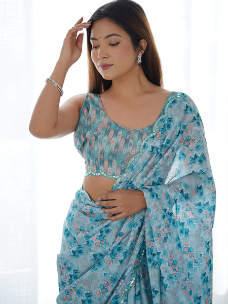 Sky Blue Chinon Silk Print Work With Mirror Work Border Designer Saree