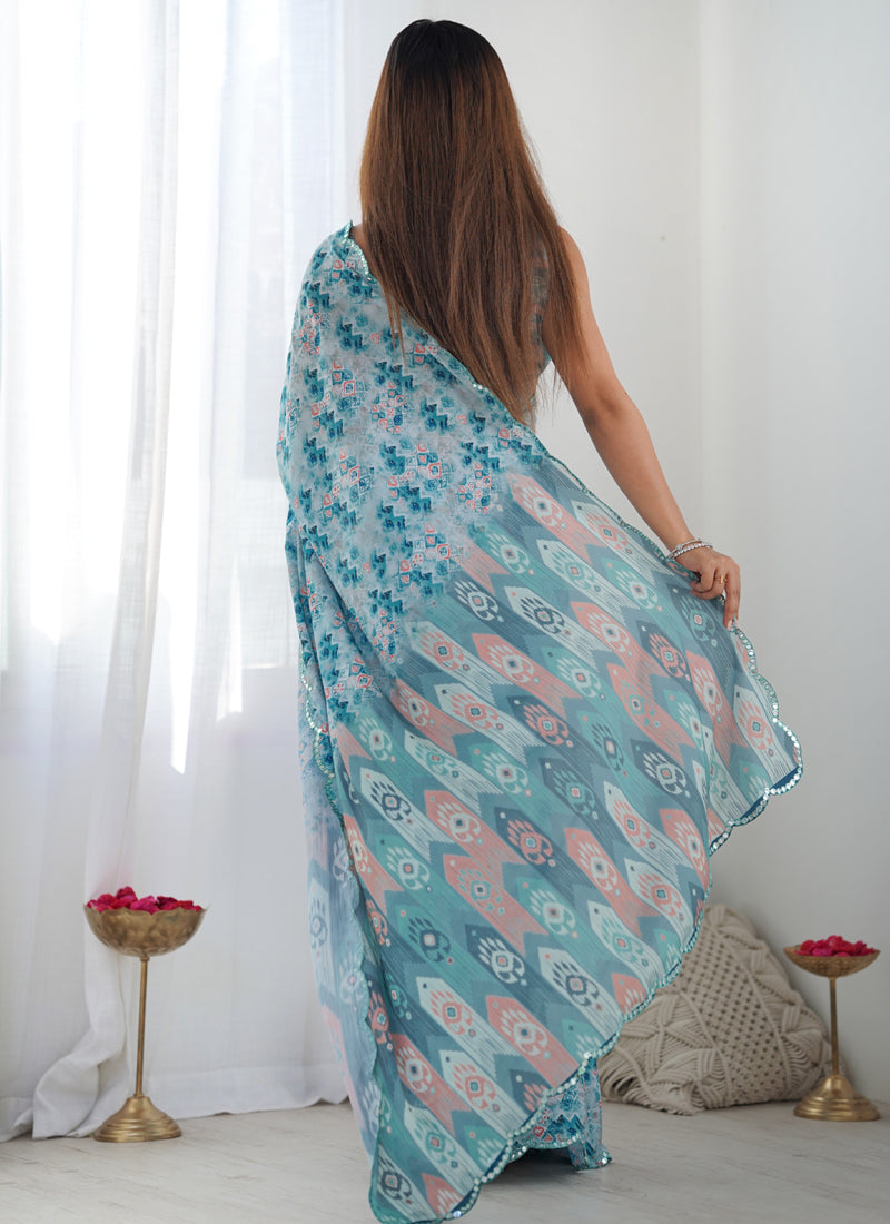 Sky Blue Chinon Silk Print Work With Mirror Work Border Designer Saree