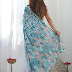 Sky Blue Chinon Silk Print Work With Mirror Work Border Designer Saree