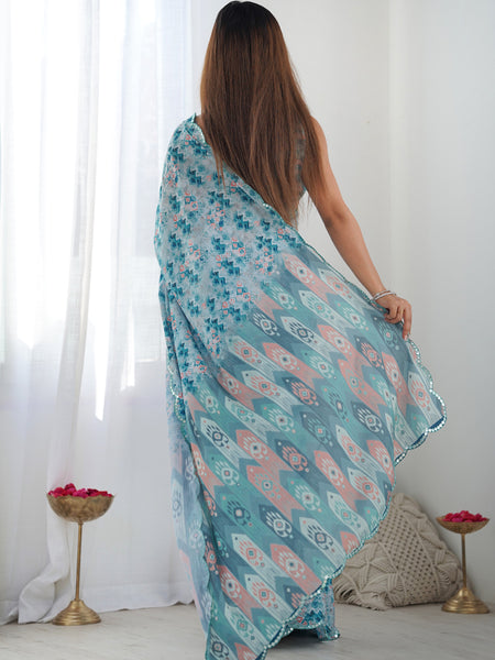 Sky Blue Chinon Silk Print Work With Mirror Work Border Designer Saree