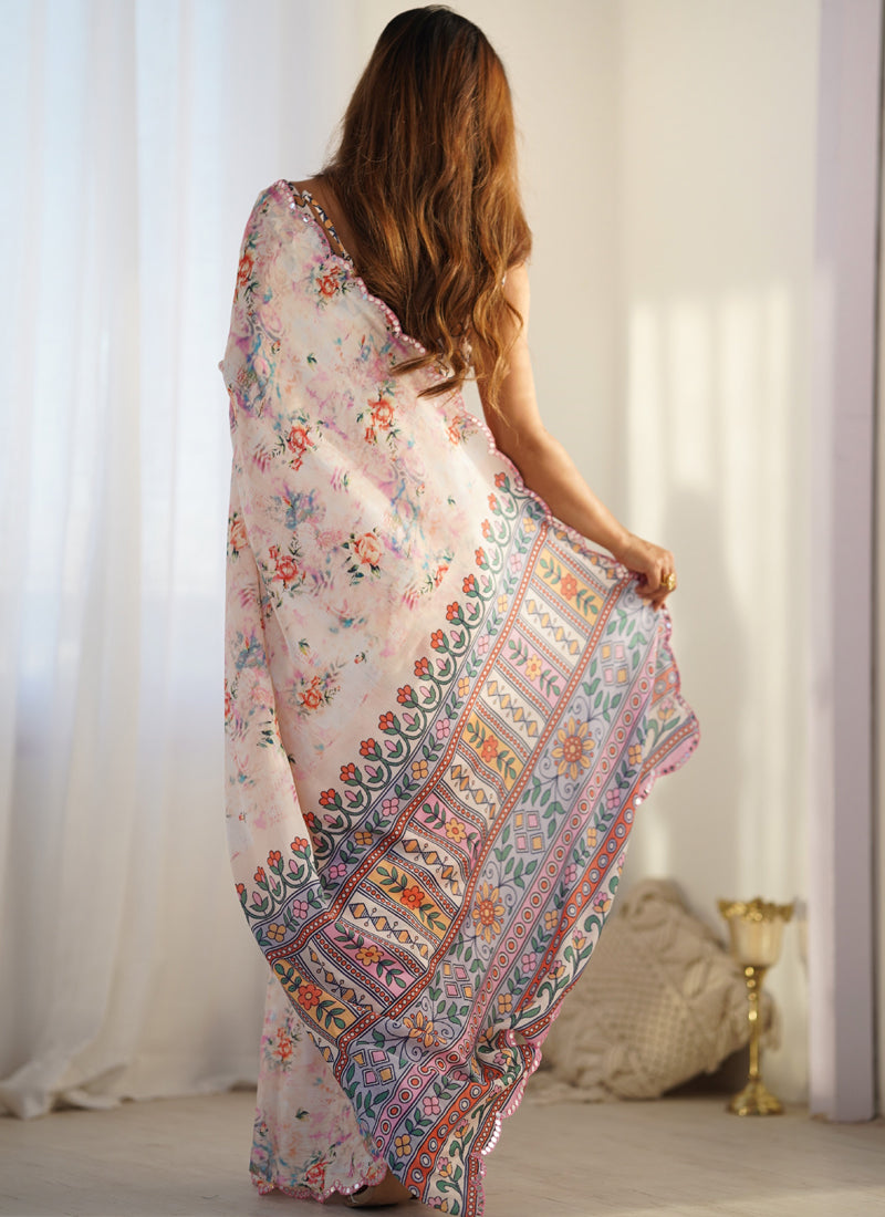 Off White Chinon Silk Print Work With Mirror Work Border Designer Saree
