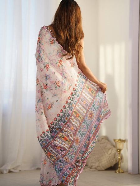 Off White Chinon Silk Print Work With Mirror Work Border Designer Saree