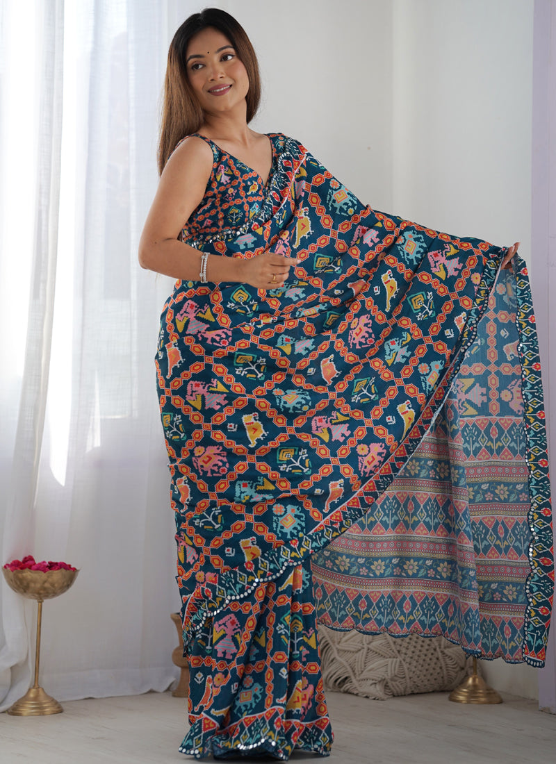 Blue Chinon Silk Print Work With Mirror Work Border Designer Saree