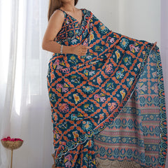Blue Chinon Silk Print Work With Mirror Work Border Designer Saree