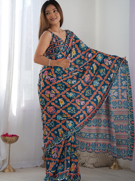 Blue Chinon Silk Print Work With Mirror Work Border Designer Saree