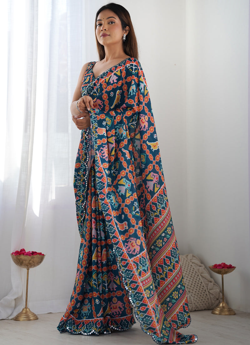 Blue Chinon Silk Print Work With Mirror Work Border Designer Saree