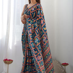 Blue Chinon Silk Print Work With Mirror Work Border Designer Saree