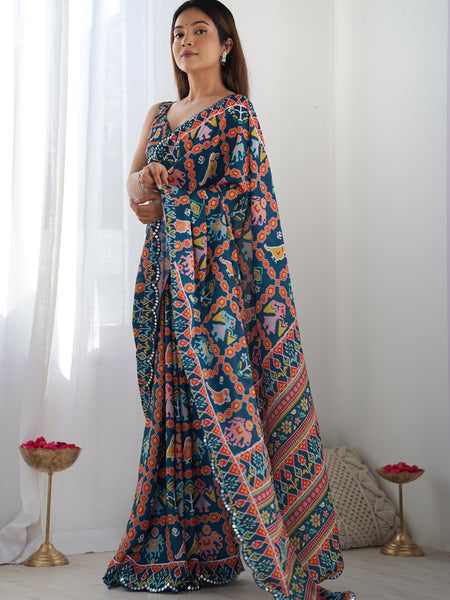 Blue Chinon Silk Print Work With Mirror Work Border Designer Saree
