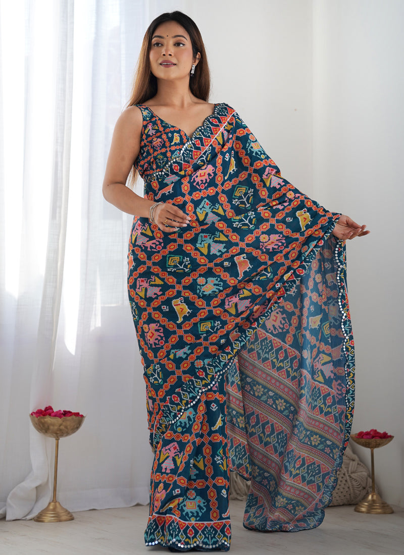 Blue Chinon Silk Print Work With Mirror Work Border Designer Saree